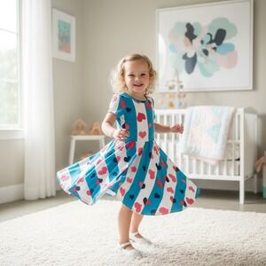 NWT Girls Teal White Striped Heart Print Short Sleeve Twirl Dress Kids 3t 4t